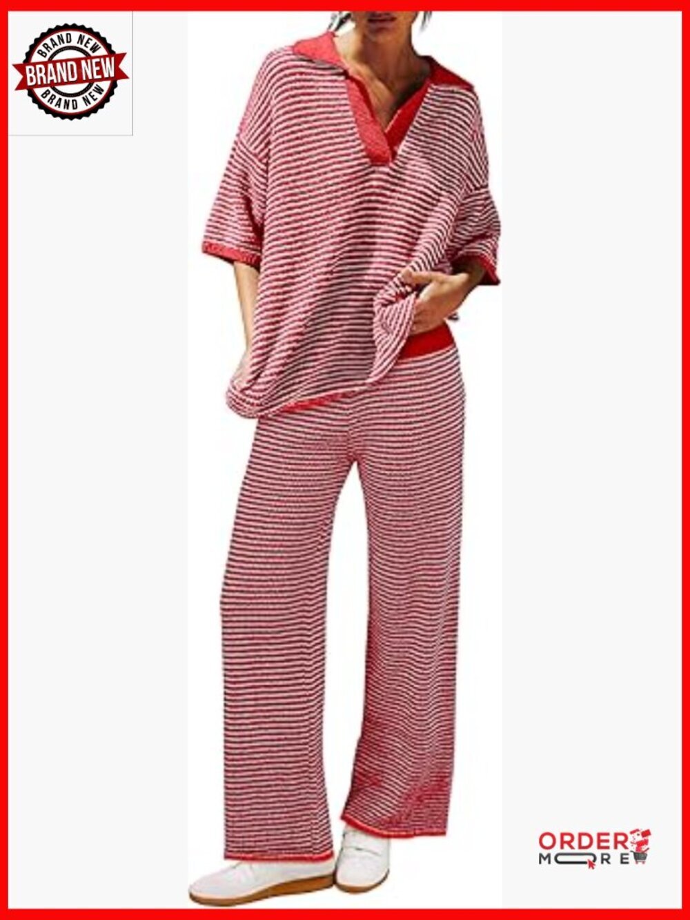 Striped 2 Piece Lounge Set - Oversized V Neck Top & Wide Leg Pants